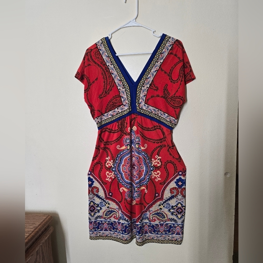Style & Co Red and Blue V-Neck Sheath Dress